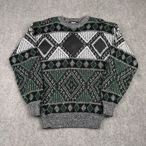Impact Sweater Mens Medium Green Black Geometric Leather Trim Vintage‎ 90s Knit